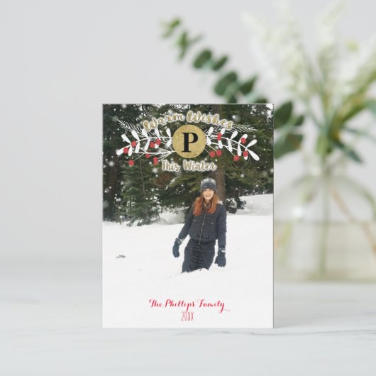 今年の冬のクリスマスホリデー写真の暖かい願い シーズンポストカード (スタンド正面)