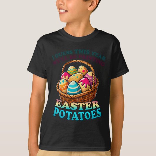今年の卵のコスト我々はジャガイモ絵を描のおもしろい Tシャツ (正面)