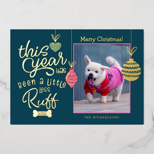 今年はサイコロステイックより楽しいことが少なかったグリッター犬の写真 箔シーズンカード (正面)