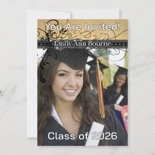 今年への黒くファンキーでエレガントな渦巻変更 招待状 (正面)