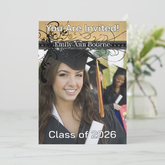 今年への黒くファンキーでエレガントな渦巻変更 招待状 (スタンド正面)