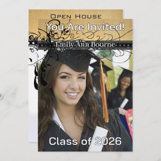 今年への黒くファンキーでエレガントな渦巻変更 招待状 (正面/裏面)