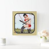 今日のキャッチ魚釣りピンアップガール スクエア壁時計 (ホーム)