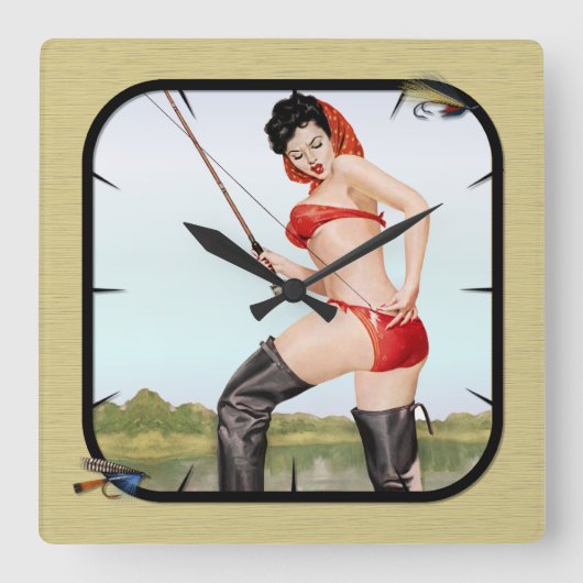 今日のキャッチ魚釣りピンアップガール スクエア壁時計 (正面)