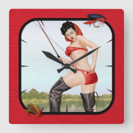 今日のキャッチ魚釣りピンアップガール スクエア壁時計