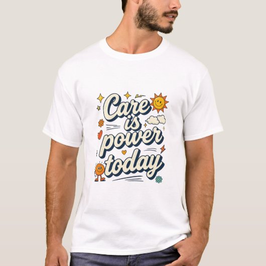 今日の力は思いやり レトロな太陽のデザイン Tシャツ (正面)