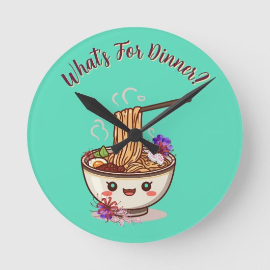「今日の晩ごはんは?」ミントグリーン アニメ ラーメン ボウル ラウンド壁時計 (正面)