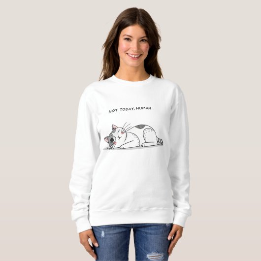 今日はやる気なし、ニンゲン – 笑える 怠け猫 ミニマリストTシャツ スウェットシャツ (正面フル)