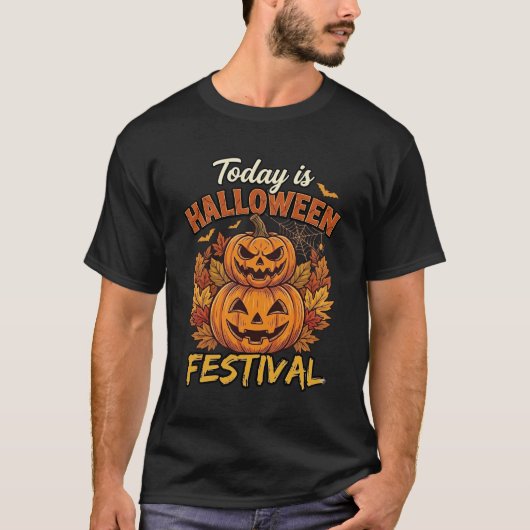 今日はハロウィン祭り積み重ねたカボチャ スパイダー Tシャツ (正面)