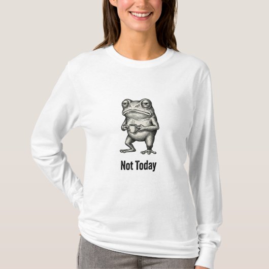 「今日は無理」ユーモアたっぷりの不機嫌なコーヒー好きのカエル Tシャツ (正面)
