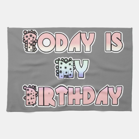今日は私の誕生日ベビーピンクアートプリント キッチンタオル (横)