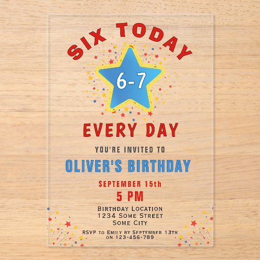 今日は6歳 6 7 日常のミームスター6歳の誕生日 アクリル招待状 (正面)