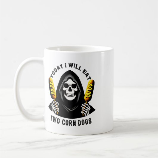 今日は2つの食べコーンドッグのスケルトン間抜けミーム コーヒーマグカップ (左)
