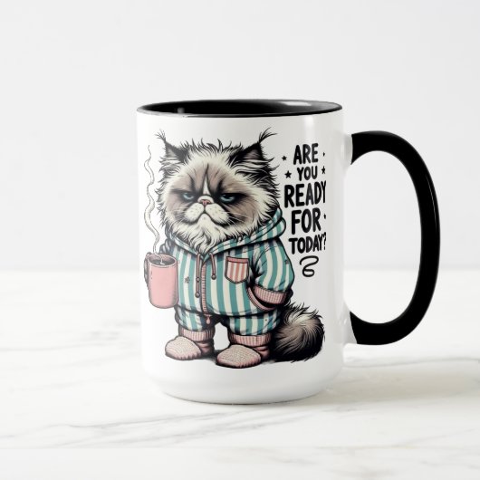 今日もやる気が出ない猫の朝のマグカップ「今日はやる気出してる?」 マグカップ (右)
