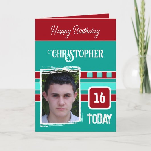 今日16彼の赤い緑の誕生日の写真を追加 カード (正面)