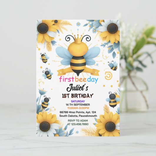 今春デイジー黄色の最初の1st蜂の日の誕生日 招待状 (スタンド正面)