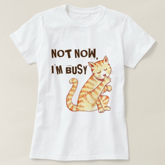 "今私は忙しい"おもしろいな猫の引用文です Tシャツ (デザイン正面)