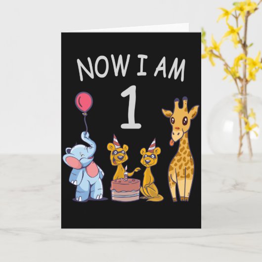 今私は1歳になりました 動物園での最初の誕生日 カード (黄色い花)