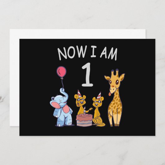 今私は1歳 ズーで1歳の誕生日 招待状 (正面/裏面)