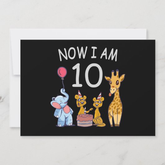今私は10歳になりました 動物園での10歳の誕生日 招待状 (正面)