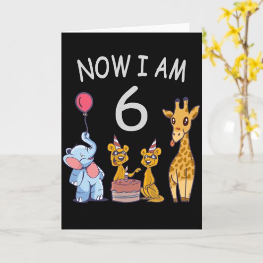 今私は6歳になりました - 動物園での6歳の誕生日 カード (黄色い花)