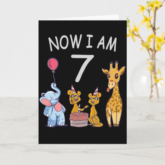 今私は7歳になりました 動物園での7歳の誕生日 カード (黄色い花)