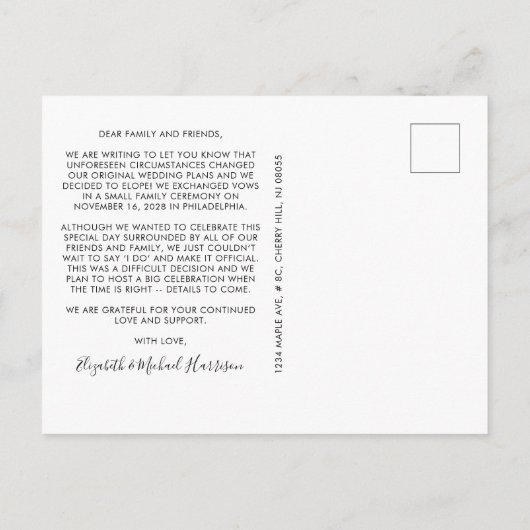 今結婚した後のパーティーネオンライト写真結婚の 案内ポストカード (裏面)