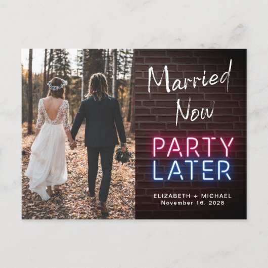 今結婚した後のパーティーネオンライト写真結婚の 案内ポストカード (正面)