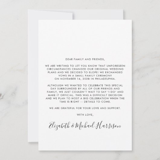 今結婚した後のパーティー写真の結婚発表 招待状 (裏面)