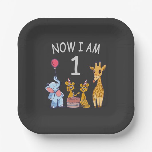 今、私は1歳の動物園の1歳の誕生日である ペーパープレート (正面)