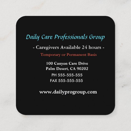介護者の洗練された黒い正方形のプロフェッショナル スクエア名刺 (裏面)