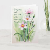 介護者ハートの手の水色の勇気付けられる カード (正面)