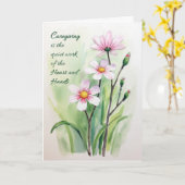 介護者ハートの手の水色の勇気付けられる カード (黄色い花)