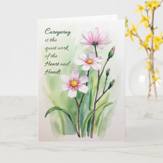 介護者ハートの手の水色の勇気付けられる カード (黄色い花)