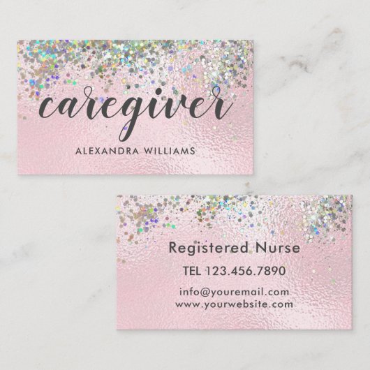 介護者ホログラフィモダンックグリッター医療用ピンク 名刺 (正面/裏面)