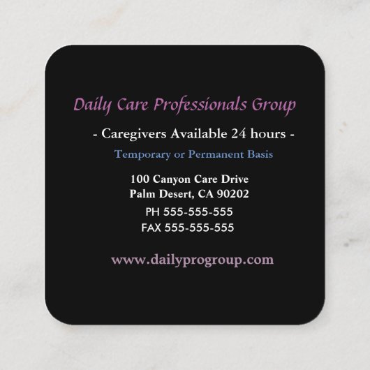 介護者用ブラックアンドクールフローラプロフェッショナル スクエア名刺 (裏面)