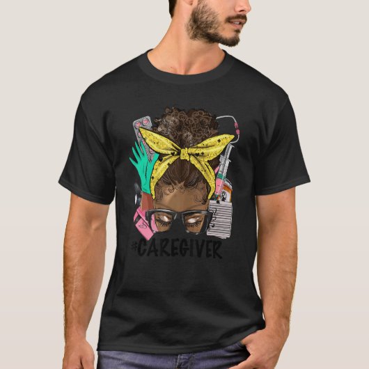 介護者Messy Bun Afro Hair AfricanナースライフH Tシャツ (正面)