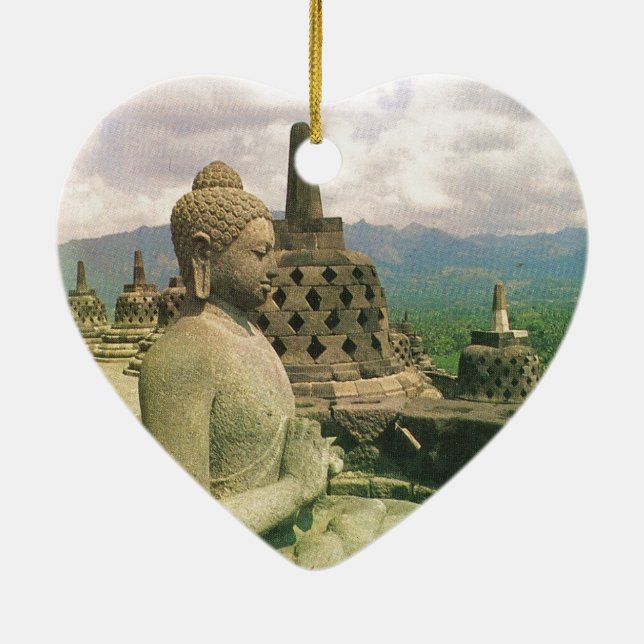 仏の鐘の彫像、Borobodurの寺院、ジャワ セラミックオーナメント (裏面)