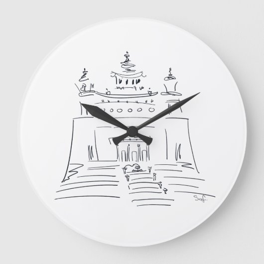 仏教寺院のスケッチ画 ラージ壁時計 (正面)