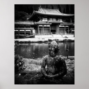 仏教寺院の前の彫像、オアフB&W ポスター