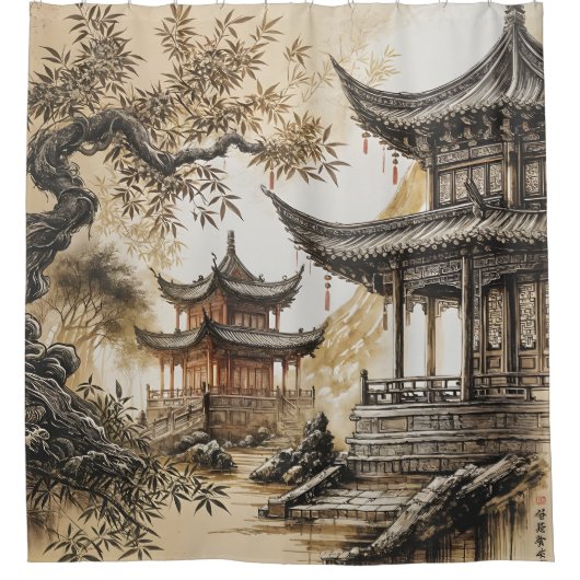 仏教寺院 シャワーカーテン (正面)