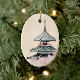 仏教日本の寺さくらんぼ咲くクリスマス セラミックオーナメント