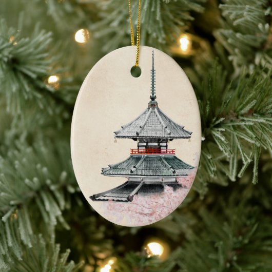 仏教日本の寺さくらんぼ咲くクリスマス セラミックオーナメント (ツリー)
