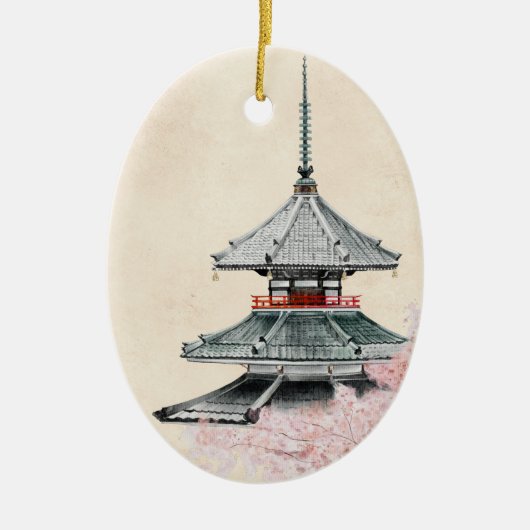 仏教日本の寺さくらんぼ咲くクリスマス セラミックオーナメント (正面)