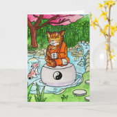 仏教虎猫瞑想猫 カード (黄色い花)