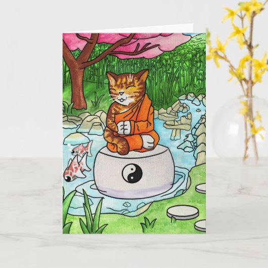 仏教虎猫瞑想猫 カード (黄色い花)