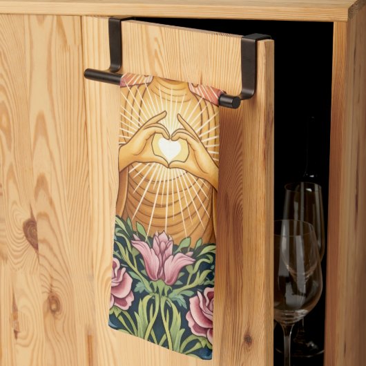 仏、光のハート、キッチン、フローラ、ヴィンテージ キッチンタオル (三つ折り)