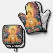 仏、光のハート、キッチン、フローラ、ヴィンテージ 鍋つかみ&鍋敷きセット (正面/裏面)