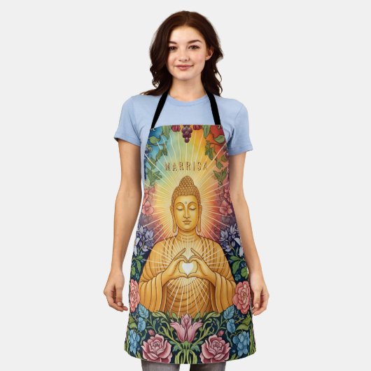 仏、光のハート、名前、フローラ、ヴィンテージ エプロン (着用した状態)