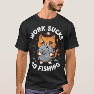 仕事なんて嫌だ、釣りに行こう!面白い猫の釣り好きユーモア Tシャツ